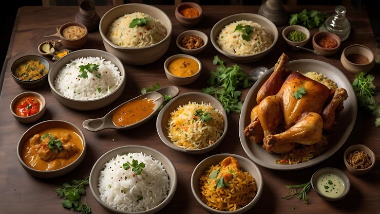 una mesa llena de platos incluyendo un plato de arroz de biryani con pollo asado