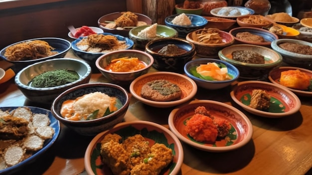 Una mesa llena de platos incluyendo un plato de comida.