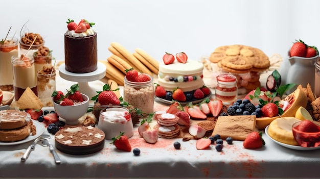 Una mesa llena de postres que incluyen un pastel, galletas y otros postres.