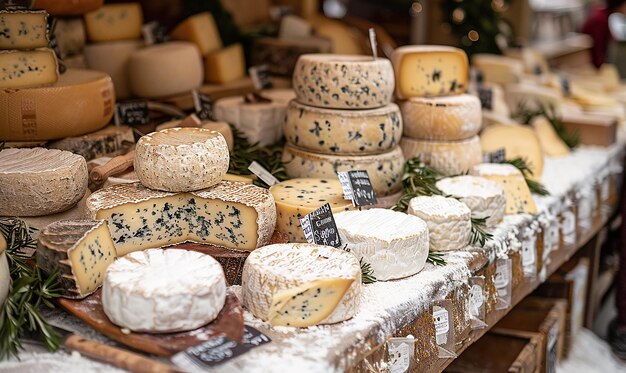 una mesa llena de quesos, incluido el queso y el queso