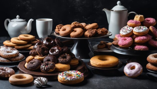 Foto una mesa llena de rosquillas y pasteles