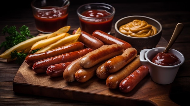 Una mesa llena de salchichas, mostaza y ketchup.