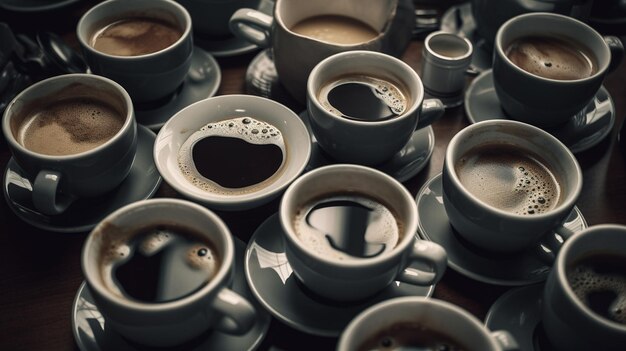 Una mesa llena de tazas de café con una de ellas etiquetada como 'café'