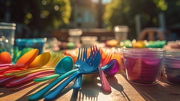 Una mesa llena de tenedores de plástico de colores, tenedores de plástico y otros utensilios de plástico de colores.