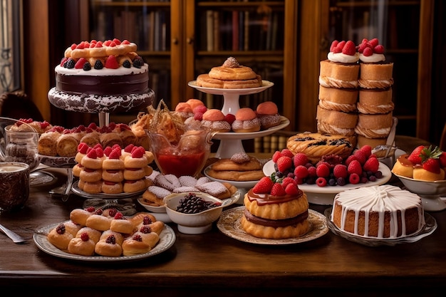 Mesa llena de tortas y pasteles IA generativa de imágenes