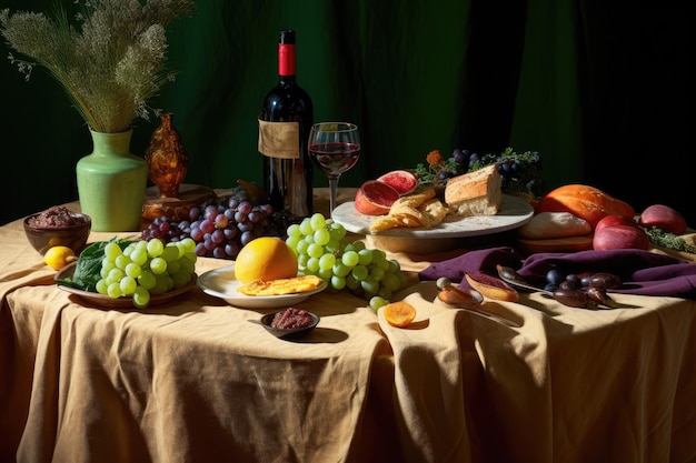 Una mesa llena de una variedad de frutas, quesos y una botella de vino.