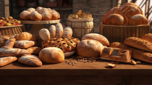 Una mesa llena de una variedad de pan recién horneado.