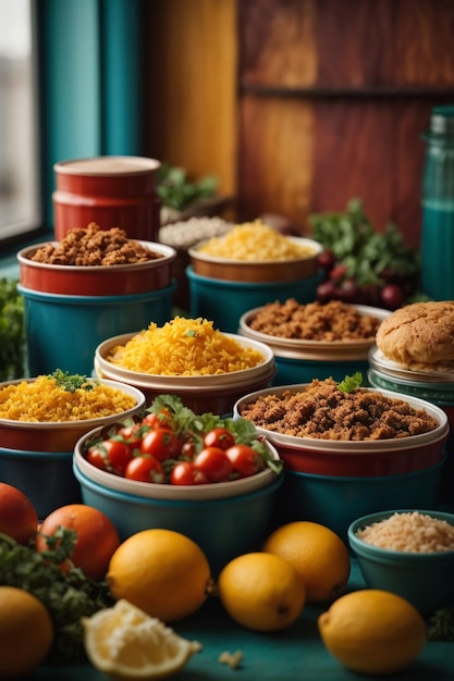 Foto una mesa llena de una variedad de platos deliciosos y coloridos