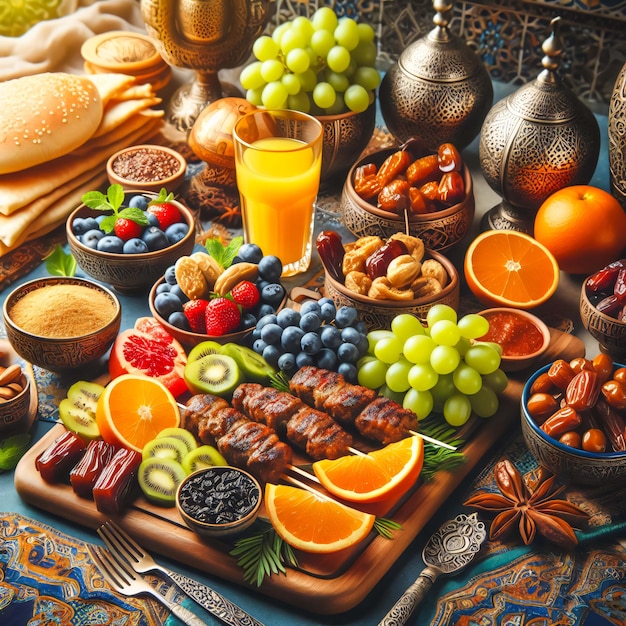 Una mesa llena de varios tipos de comida Ramadán Iftar