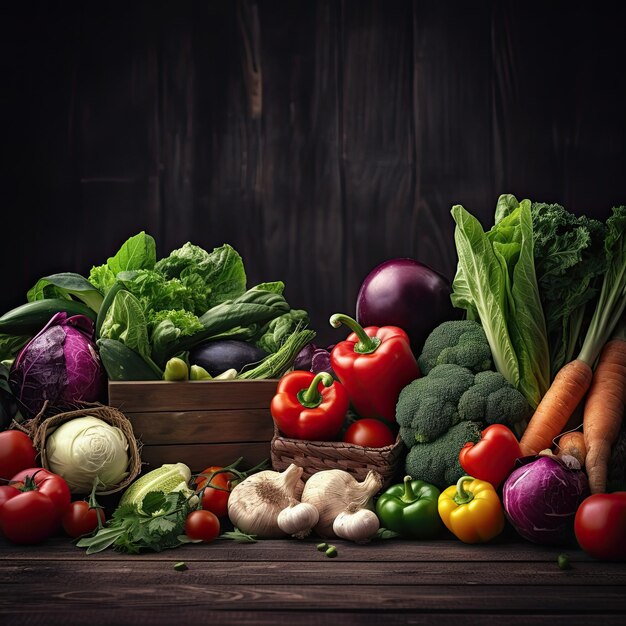 Una mesa llena de vegetales que incluye un pimiento rojo, un pimiento verde, un pimiento rojo, un pimiento verde y una canasta de madera.