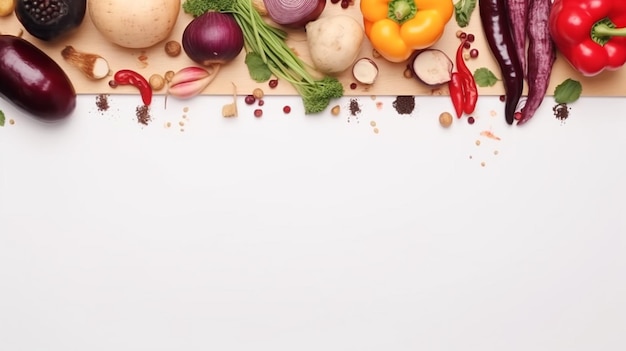 Una mesa llena de verduras y un fondo blanco.