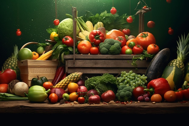 Una mesa llena de verduras y frutas.