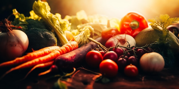 Una mesa llena de verduras, incluidas zanahorias, tomates y otras verduras.