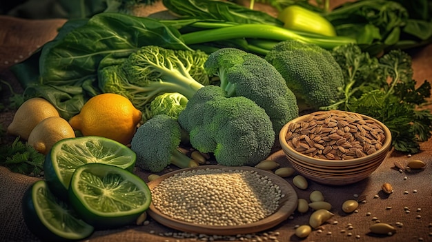 Una mesa llena de verduras, incluido el brócoli, las judías verdes y otros alimentos, incluido el brócoli.