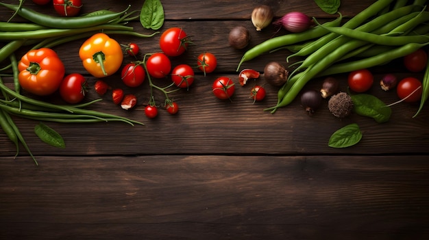 Una mesa llena de verduras sobre un fondo de madera.