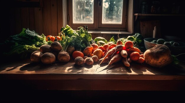 Una mesa llena de verduras con una ventana detrás