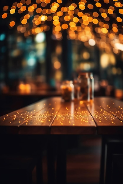 Una mesa con luces y un fondo borroso