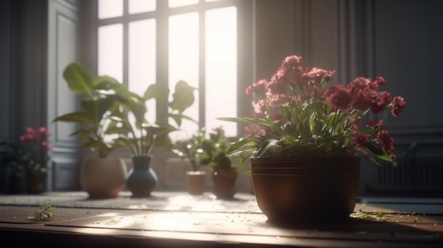 Una mesa con macetas con plantas y una ventana detrás