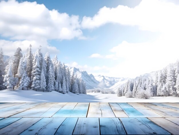 Foto mesa de madera 3d contra un paisaje nevado desenfocado