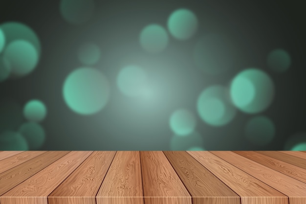 Mesa de madera 3d con fondo de luces de navidad bokeh