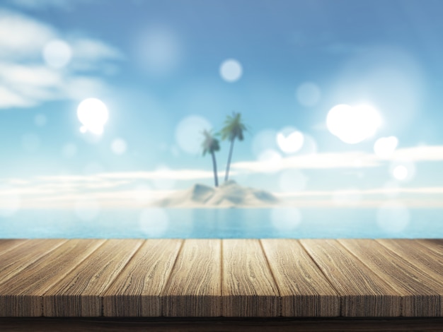 Mesa de madera 3D en una isla de palmera tropical desenfocada