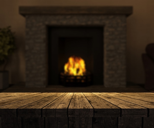 Foto mesa de madera 3d mirando hacia una chimenea desenfocada con fuego crepitante