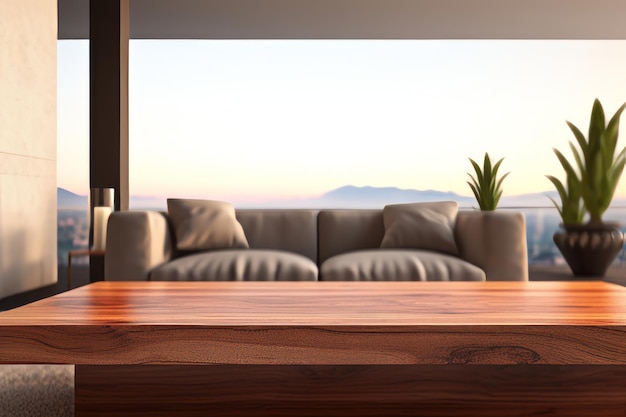 Mesa de madera 3D con vistas a un salón moderno desenfocado