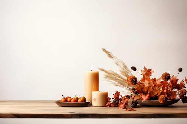 mesa de madera adornada con decoración otoñal que prepara el escenario para reuniones festivas de equinoccio