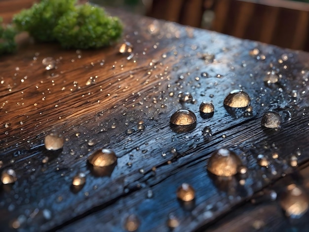 Una mesa de madera adornada con gotas de lluvia brillantes y posibilidades