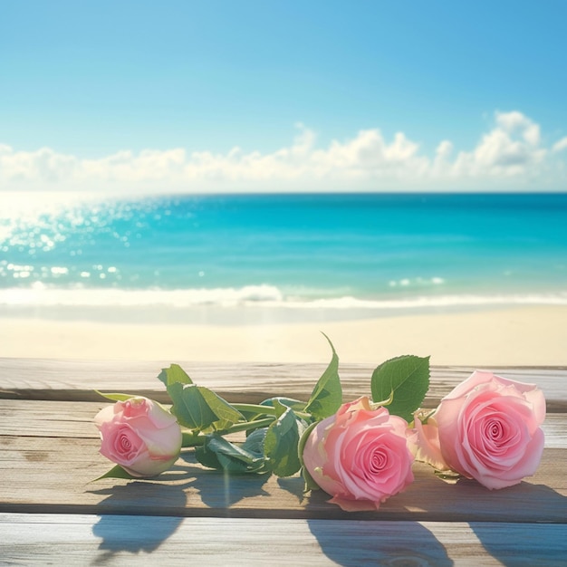 Mesa de madera adornada con rosas rosas en contra de la vista de la playa para las redes sociales