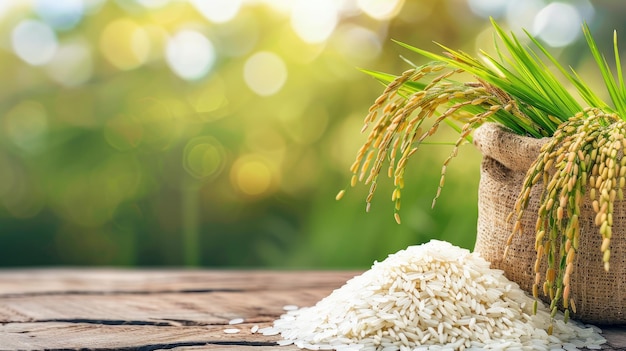 Mesa de madera adornada con un saco de arroz blanco y una planta de arroz que refleja la generosidad agrícola