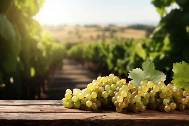 Una mesa de madera adornada con uvas blancas frescas y un espacio libre Generativo Ai