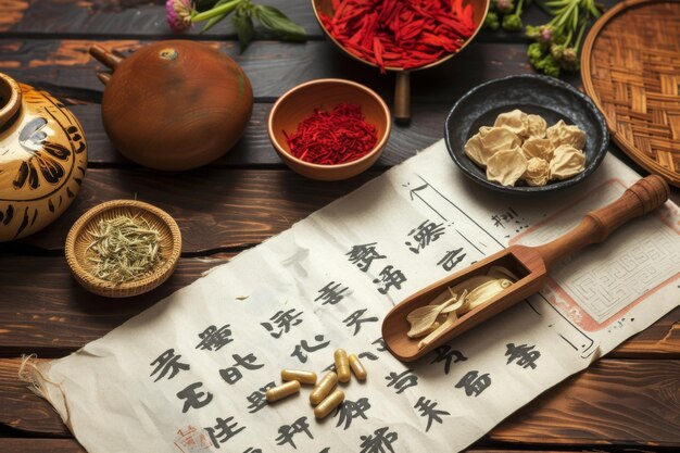 Foto una mesa de madera está adornada con una variedad de cuencos llenos de comida deliciosa artículos de medicina tradicional china en una mesa generada por ia