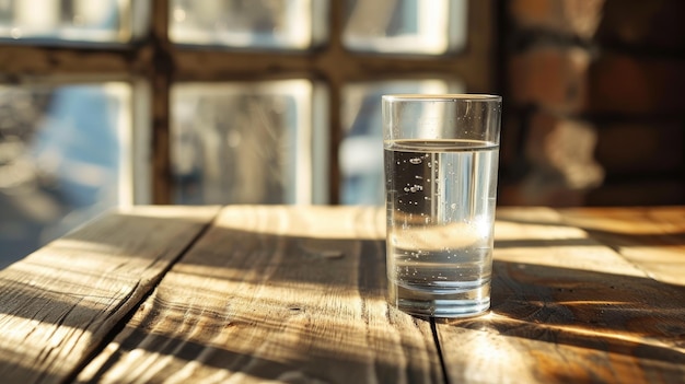 Foto mesa de madera con agua potable limpia que simboliza la intersección del éxito financiero y un compromiso con un estilo de vida saludable