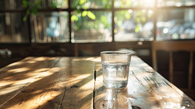 mesa de madera con agua potable limpia que simboliza la intersección del éxito financiero y un compromiso con un estilo de vida saludable