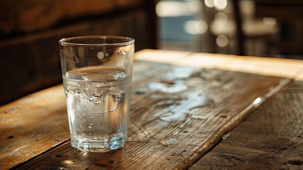 mesa de madera con agua potable limpia que simboliza la intersección del éxito financiero y un compromiso con un estilo de vida saludable