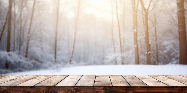 Mesa de madera al aire libre con un fondo borroso de bosque de invierno