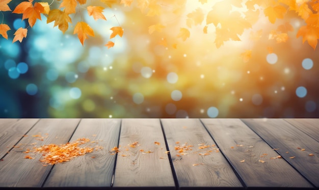 una mesa de madera al aire libre con vistas a las hojas de otoño