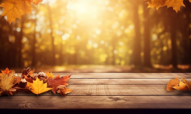 una mesa de madera al aire libre con vistas a las hojas de otoño