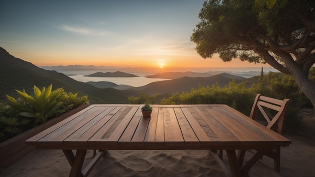 Mesa de madera al atardecer Fondo de naturaleza AI generativa