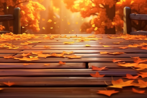 Mesa de madera amarilla y hojas doradas de otoño.