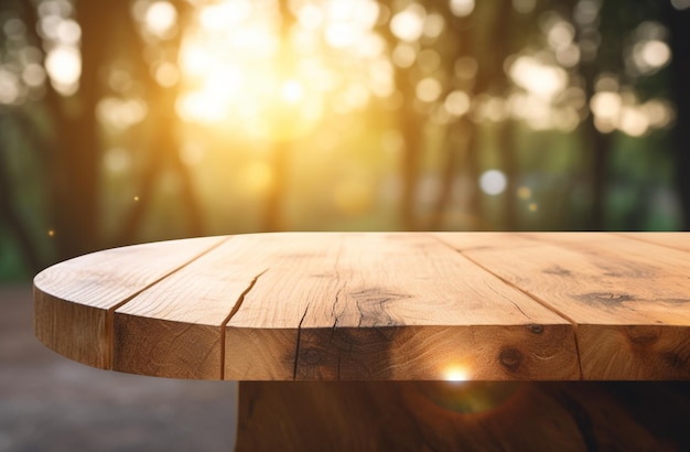 Una mesa de madera con un árbol al fondo.