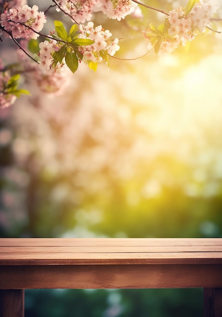 Una mesa de madera con un árbol y flores al fondo.