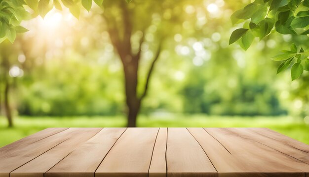 una mesa de madera con un árbol en el fondo foto gratuita