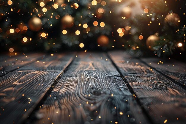 una mesa de madera con un árbol de navidad al fondo