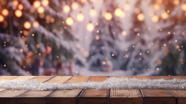 Una mesa de madera con un árbol de navidad al fondo