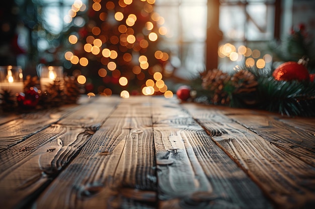 una mesa de madera con un árbol de Navidad y un árbol de navidad en el fondo