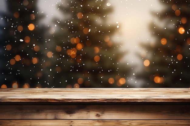 Mesa de madera con árbol de Navidad en el fondo.