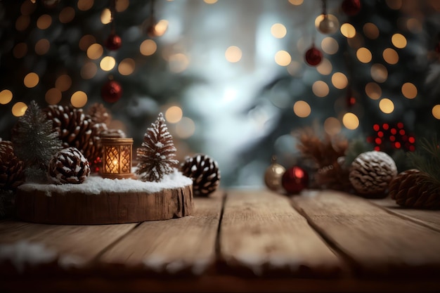 Una mesa de madera con un árbol de navidad y una linterna encima