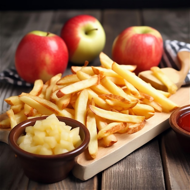 Una mesa de madera con una bandeja de papas fritas y un tazón de ketchup y un tazón de ketchup.